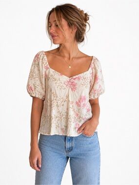 Black Tape Linen Blend Cream Floral Puff Sleeve Blouse | Off-Shoulder Top Large